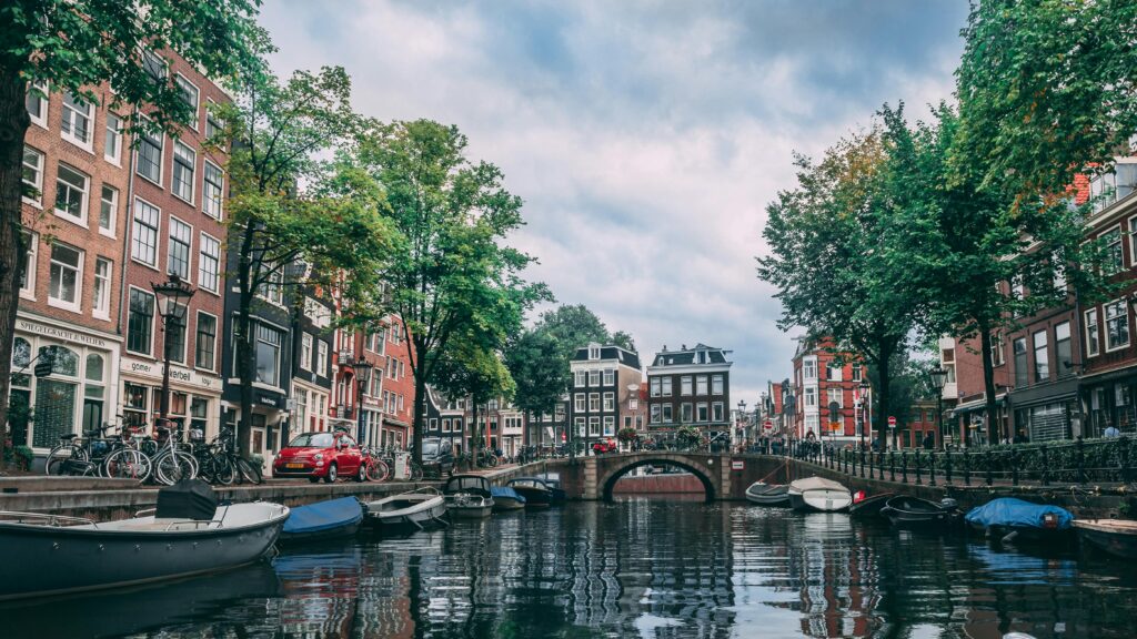 Scenic shot of the canals in Amsterdam.